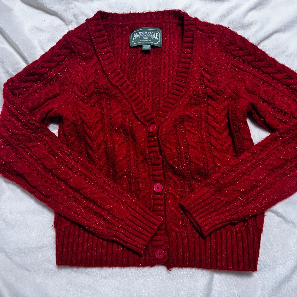American Eagle Xs Red Button Down Cable Knit Swea… - image 2